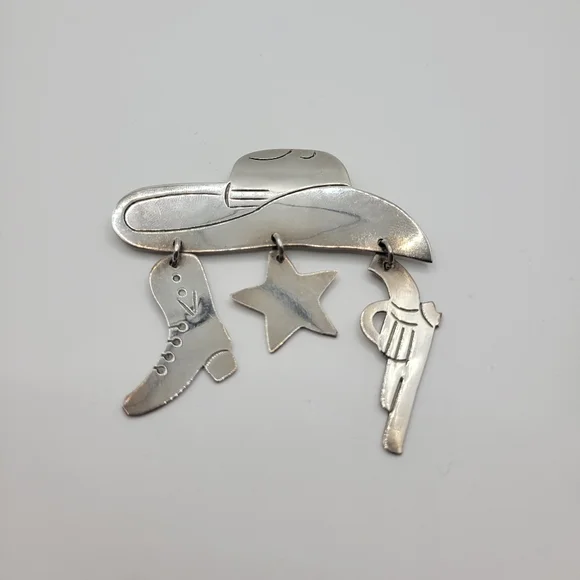 Vintage 925 Sterling Silver Taxco Mexico Large Western Cowboy Hat Pin Brooch - Picture 3 of 12